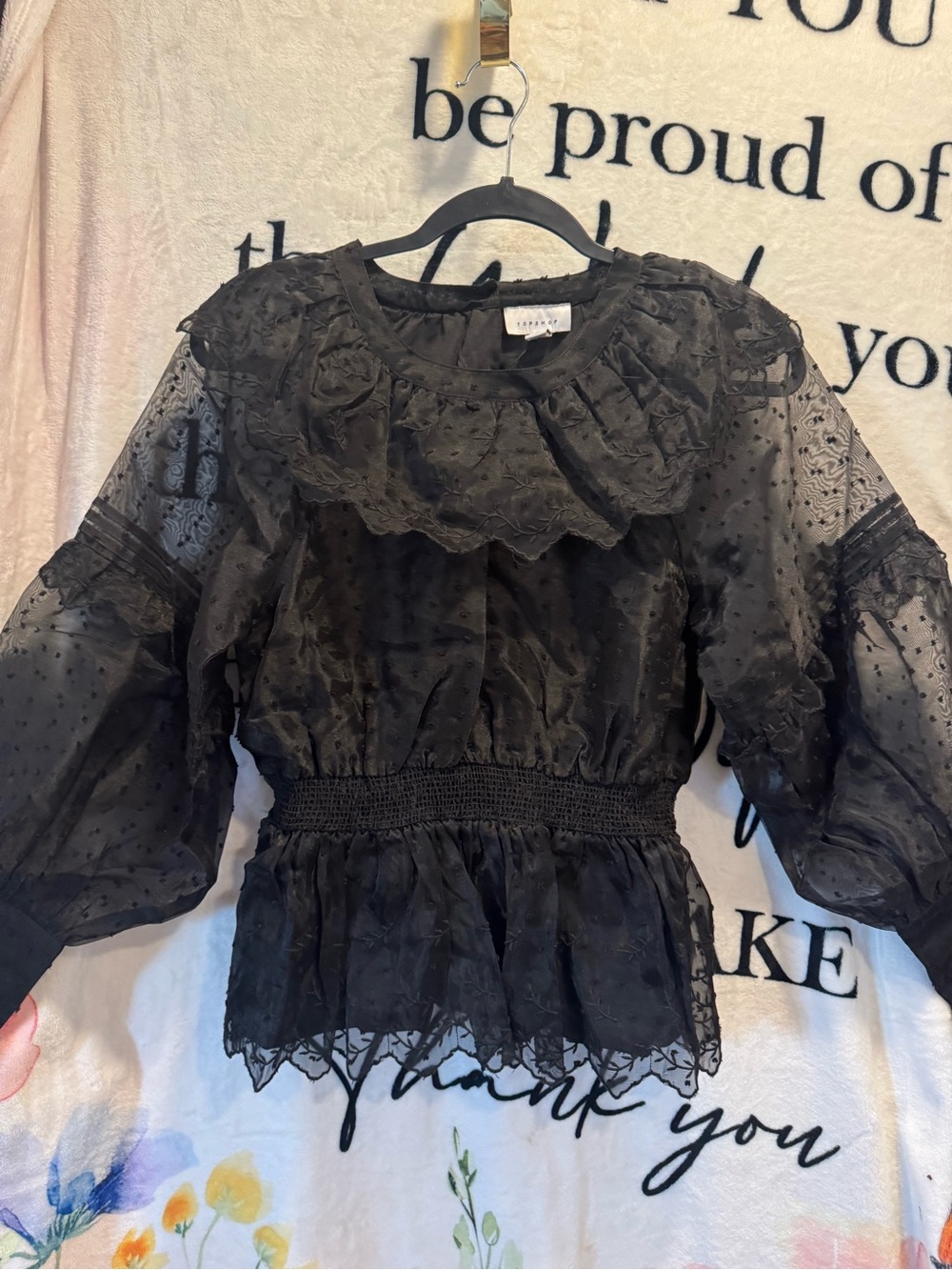 Topshop Women's Long-Sleeve Blouse Dobby Fabric with Ruched Waist Black Size 6